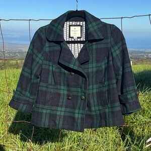 Heritage 1981 blue green plaid wool blend cropped blazer jacket preppy small
